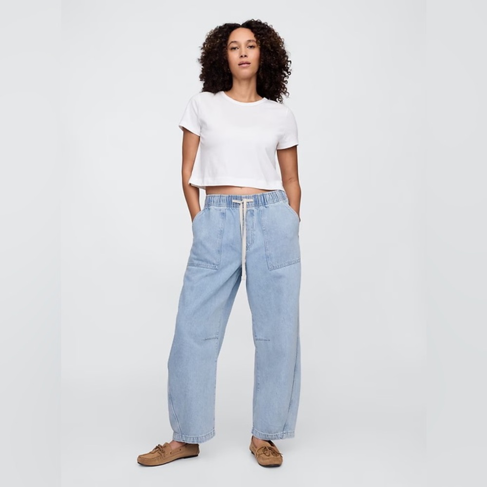 Light Wash Drawstring Denim Wide-Leg Pants - White/Light Blue